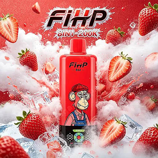 Fihp 8In1 200000 Puffs Disposable Vape | Led Display 200K Vape 10 A Bright Red Bottle With A Cartoon Monkey On The Front, Surrounded By Splashes Of Ice And Strawberries, With Fihp Branding And The Text 8In-200K Visible Above The Bottle.