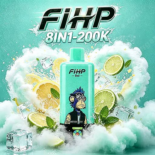 Fihp 8In1 200000 Puffs Disposable Vape | Led Display 200K Vape 9 A Turquoise Fihp 8In1-200K Bottle With A Cartoon Monkey Wearing A Blue Mohawk Stands Amid Splashing Ice, Lemon And Lime Slices, Mint Leaves, And Ice Cubes Against A Teal Background.