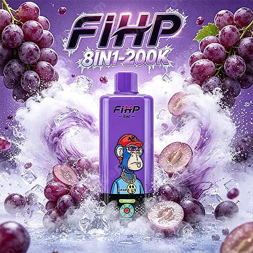 Fihp 8In1 200000 Puffs Disposable Vape | Led Display 200K Vape 6 Purple Fihp Bottle Labeled 8Ml, Featuring A Cartoon Monkey Wearing A Red Cap, Against A Purple Background With Grapes And Splashing Ice; Branding Reads Fihp 8In1-200K.