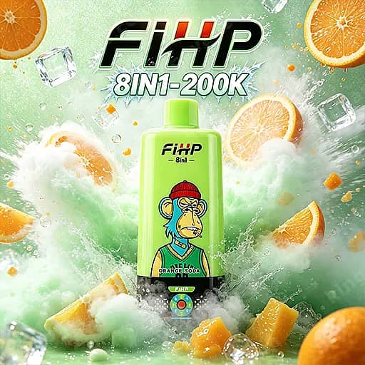 Fihp 8In1 200000 Puffs Disposable Vape | Led Display 200K Vape 5 Bright Green Fihp 8In1-200K Bottle With A Cartoon Monkey On The Label, Surrounded By Orange Slices, Ice Cubes, And Splashing Water.