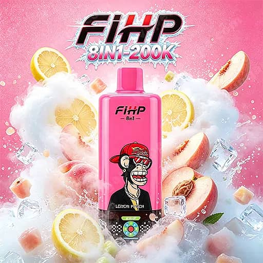 Fihp 8In1 200000 Puffs Disposable Vape | Led Display 200K Vape 3 Bright Pink Fihp 8In1-200K Bottle With A Cartoon Monkey In A Red Hat On The Label Stands Among Lemon And Peach Slices, Ice Cubes, And Fluffy White Clouds Against A Pink Background.