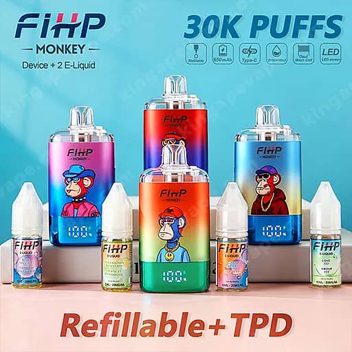 Bright display of FiHP Monkey refillable vape devices in gradient colors with cartoon monkey artwork, surrounded by small e-liquid bottles; a blue background shows '30K PUFFS' and 'Refillable + TPD'.