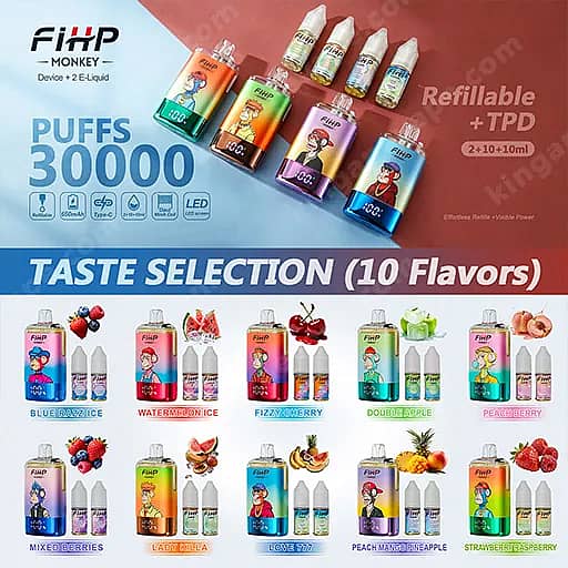 Fihp Monkey 30000 Puffs Disposable Vape | Dual Mesh &Amp; Refillable Eu Warehouse 2 Bright Advertisement For Fiip Monkey Puffs 30000 Disposable E-Liquid Devices, Showing A Lineup Of Colorful Refillable Bottles And A Bold Banner Reading Taste Selection (10 Flavors).