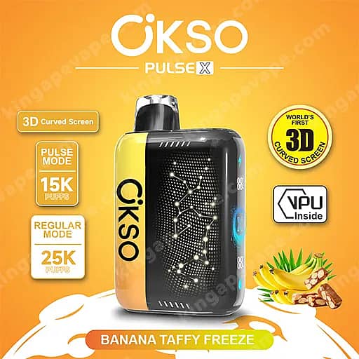 Okso Pulse X 25000 Puffs | Smart Screen Led Display 25K Vape 14 Okso Pulse X Vaping Device With A Yellow Side Panel And Black Curved Front, Set Against An Orange Gradient Background, Showcasing A 3D Curved Screen, Mode Labels (Pulse Mode 15K And Regular Mode 25K), A 'World'S First 3D Curved Screen' Badge, Banana And Pineapple Imagery, And The Banana Taffy Freeze Flavor Banner.