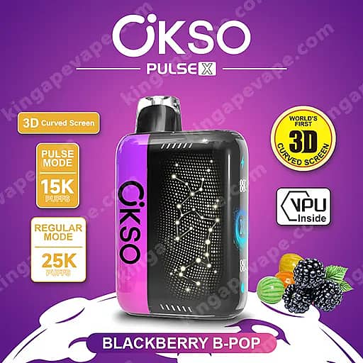 Okso Pulse X 25000 Puffs | Smart Screen Led Display 25K Vape 22 A Purple And Black Handheld Vape Device Branded 'Cikso' With A Curved Screen, Set Against A Purple Promotional Background With Badges That Read '3D Curved Screen' And 'Pulse Mode', Plus A Cluster Of Grapes And The Label 'Blackberry B-Pop' At The Bottom.