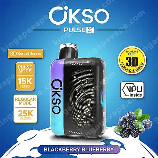 Okso Pulse X 25000 Puffs | Smart Screen Led Display 25K Vape 7 Okso Pulse X Vape Device With A Blue-To-Purple Gradient Body And Black Front, Shown On A Blue Background With Blueberries; Highlights Include A 3D Curved Screen, 15K Puffs In Pulse Mode, 25K Puffs In Regular Mode, Vpu Inside, And Blackberry Blueberry Flavor.