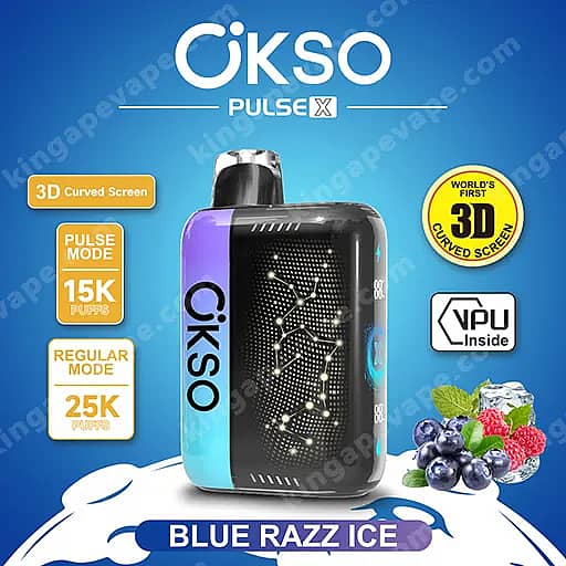 Okso Pulse X 25000 Puffs | Smart Screen Led Display 25K Vape 6 Advertising Image Of A Cikso Pulse X Pod Vape With A Blue-Purple Gradient Body And A Prominent Curved Display, Labeled Blue Razz Ice, Surrounded By Badges That Read World’s First 3D Curved Screen, 3D Curved Screen, Pulse Mode 15K Puffs And Regular Mode 25K Puffs, Plus A Vpu Inside Icon And A Cluster Of Berries On The Side.