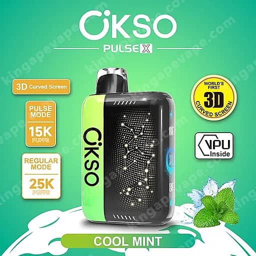 Okso Pulse X 25000 Puffs | Smart Screen Led Display 25K Vape 4 Okso Pulse X Vape Device In Black With Lime Green Accents, Shown With Cool Mint Flavor, Featuring A 3D Curved Screen And Vpu Inside, With Badges Indicating Pulse Mode Up To 15K Puffs And Regular Mode Up To 25K Puffs On A Green Gradient Background.