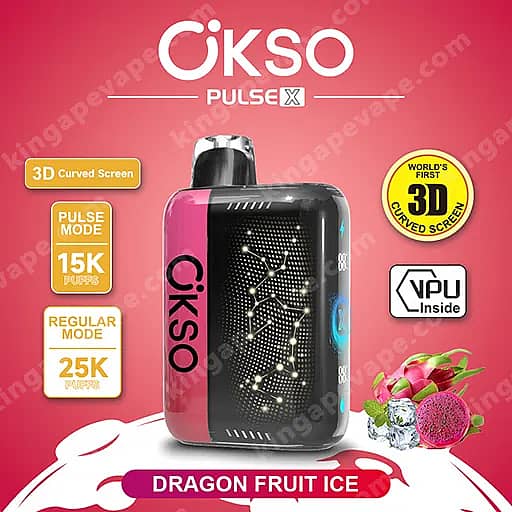 Okso Pulse X 25000 Puffs | Smart Screen Led Display 25K Vape 21 Pink And Black Pod Vape Device With A Large 3D Curved Screen And 'Pulse X' Branding, Labeled Dragon Fruit Ice, Shown With Badges For 3D Curved Screen, Vpu Inside, And Pulse Mode (15K Puffs And 25K Puffs) On A Pink Gradient Background.