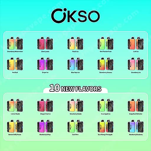Okso Pulse X 25000 Puffs | Smart Screen Led Display 25K Vape 2 A Teal Gradient Promotional Banner For The Okso Brand Featuring A Large Okso Logo At The Top And Two Rows Of Small Colorful Vape Device Icons, With A Central '10 New Flavors' Badge And Legible Flavor Labels Such As Lemon Head, Dragon Fruit Ice, And Sour Apple Ice.