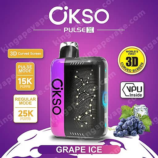 Okso Pulse X 25000 Puffs | Smart Screen Led Display 25K Vape 19 Cikso Pulse X Vape Device With A Pink And Black Curved Body And A 3D Curved Screen, Labeled Grape Ice With Grapes And Ice Beside It On A Purple Background, And Badges Indicating Pulse Mode 15K And Regular Mode 25K.