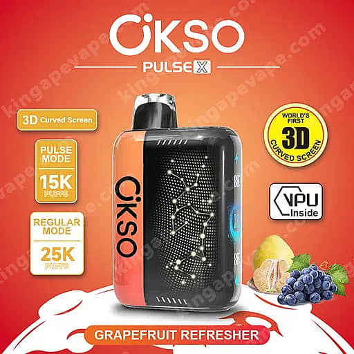 Okso Pulse X 25000 Puffs | Smart Screen Led Display 25K Vape 20 Cikso Pulse X Vape With An Orange Side Panel And Black Body, Featuring A 3D Curved Screen And Vpu Inside, Framed By Grapefruit Refresher Flavor Imagery And Citrus Fruits On An Orange Gradient Background.