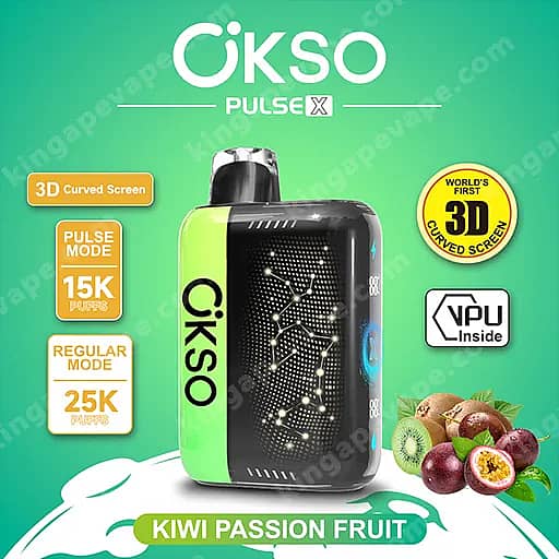 Okso Pulse X 25000 Puffs | Smart Screen Led Display 25K Vape 5 Okso Pulse X Vape Device, Black With Lime-Green Side, On A Bright Green Background With Kiwi Passion Fruit Flavor Graphics And Labels Highlighting A 3D Curved Screen And Pulse Mode.