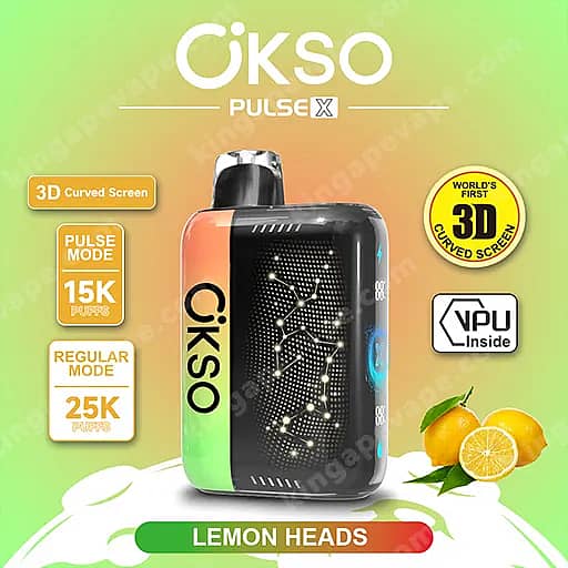 Okso Pulse X 25000 Puffs | Smart Screen Led Display 25K Vape 18 Okso Pulse X Vape Device With A Green-To-Orange Gradient Body And A Black Dotted 3D Curved Screen, Labeled Lemon Heads And Shown With Lemons Beside It.