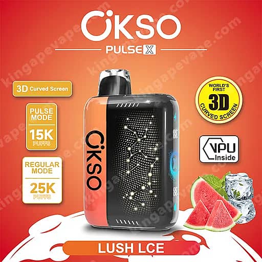 Okso Pulse X 25000 Puffs | Smart Screen Led Display 25K Vape 17 An Orange Gradient Advertisement Featuring The Cikso Pulse X Vape Device: A Black-And-Orange Pod With A Curved 3D Screen, Standing Upright; Surrounding Graphics Include Watermelon And Ice, Plus Badges For World'S First 3D Curved Screen, Vpu Inside, And Mode Options Pulse Mode 15K And Regular Mode 25K.