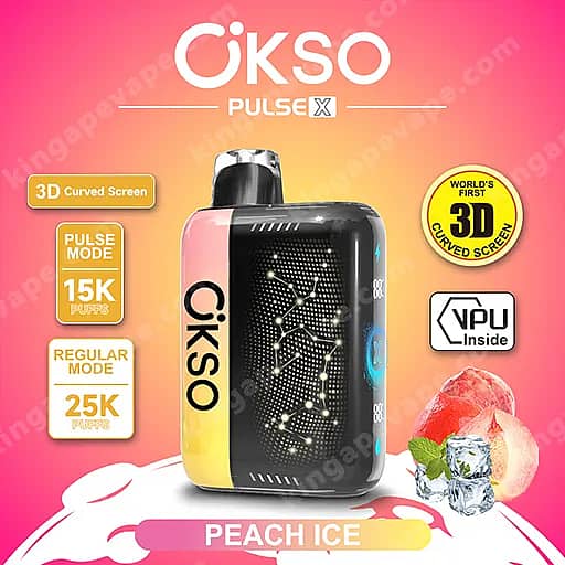 Okso Pulse X 25000 Puffs | Smart Screen Led Display 25K Vape 16 A Peach Ice Flavored Disposable Vape From Cikso Pulse X Is Displayed Against A Pink-To-Orange Gradient, Featuring A Black Rectangular Device With A Yellow Side Panel And A Glossy 3D Curved Screen, Surrounded By Labels Reading 3D Curved Screen, Pulse Mode 15K Puffs, Regular Mode 25K Puffs, And A World’s First 3D Curved Screen Badge, With Peach And Ice Imagery Nearby.