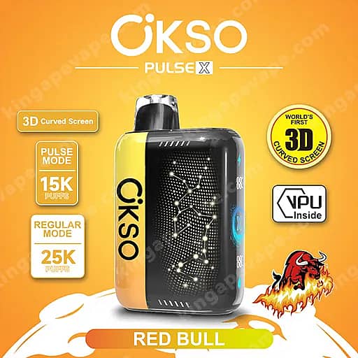 Okso Pulse X 25000 Puffs | Smart Screen Led Display 25K Vape 15 Okso Pulse X Compact Vape Device With A Black Body And Yellow Side Panel, Featuring A Dotted 3D Curved-Screen Display, Shown Against An Orange Gradient Background With Badges Noting 3D Curved Screen, Pulse Mode 15K Puffs, Regular Mode 25K Puffs, Vpu Inside, And A Red Bull Flavor Label With A Flaming Bull Graphic.