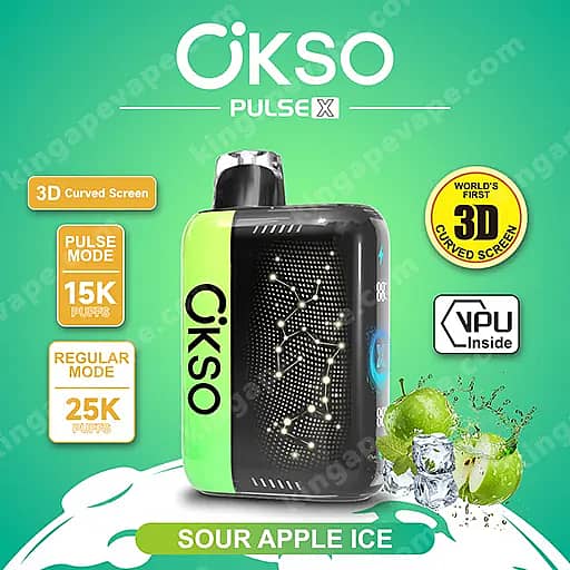 Okso Pulse X 25000 Puffs | Smart Screen Led Display 25K Vape 3 Vape Device Labeled 'Cikso Pulse X' In Green And Black With A 3D Curved Screen, Flavor 'Sour Apple Ice', And Badges For Pulse Mode (15K) And Regular Mode (25K), Shown With Lime And Ice Imagery Against A Green Background.