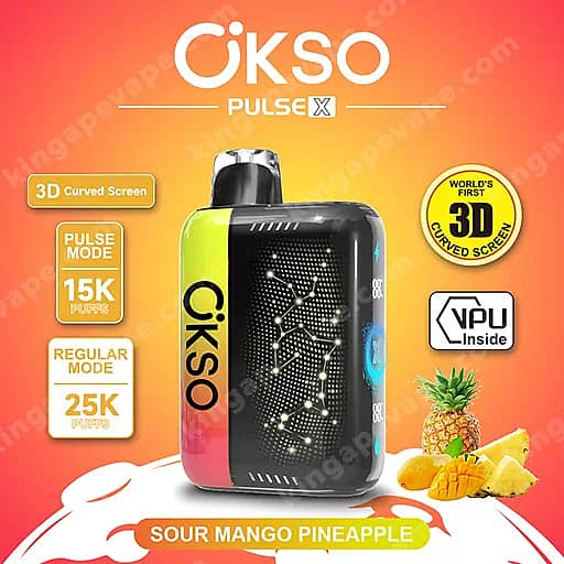 Okso Pulse X 25000 Puffs | Smart Screen Led Display 25K Vape 13 Cikso Pulse X Vaping Device With A Black Body And Pink-To-Yellow Gradient Sides, A 3D Curved Screen, And Imagery Of Pineapple And Mango With The Flavor Sour Mango Pineapple.