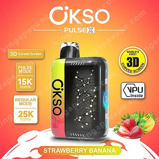 Okso Pulse X 25000 Puffs | Smart Screen Led Display 25K Vape 12 An Advertisement For Cikso Pulse X Featuring A Glossy Black Vape Device With A Pink-Green Gradient Side Labeled 'Strawberry Banana' On An Orange Gradient Background, With Icons For A 3D Curved Screen, Pulse Mode (15K), Regular Mode (25K), And Badges Reading 'World'S First 3D Curved Screen' And 'Vpu Inside' Plus Surrounding Fruit Imagery.