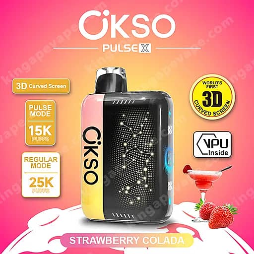 Okso Pulse X 25000 Puffs | Smart Screen Led Display 25K Vape 11 Çikso Pulse X Advertisement Showing A Black Curved Vape Device With A Yellow Side Panel On A Pink-To-Orange Gradient Background, Featuring Callouts For A 3D Curved Screen, Pulse Mode Up To 15K Puffs, Regular Mode Up To 25K Puffs, A World’s First 3D Curved Screen Badge And A Vpu Inside Emblem, And A Strawberry Colada Flavor With A Strawberry Cocktail Image.