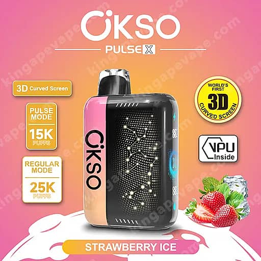 Okso Pulse X 25000 Puffs | Smart Screen Led Display 25K Vape 10 Pink And Black Cikso Pulse X Vape With A Dotted Front Panel And Pink Side Accent, Set Against A Pink-To-Orange Gradient Background, Labeled Strawberry Ice With Promotional Badges For A 3D Curved Screen And 15K Puffs In Pulse Mode And 25K Puffs In Regular Mode.