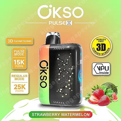 Okso Pulse X 25000 Puffs | Smart Screen Led Display 25K Vape 8 Okso Pulse X Disposable Vape With A Black Body And Green-To-Orange Gradient Sides, A Dotted Star Pattern On The Front, And A Label Highlighting A 3D Curved Screen, Presented As The Strawberry Watermelon Flavor With Strawberries Visible Beside The Device.