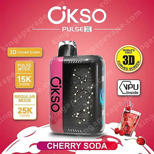 Okso Pulse X 25000 Puffs | Smart Screen Led Display 25K Vape 9 A Pink And Black Cikso Pulse X Vape Device With Cherry Soda Flavor, Featuring A 3D Curved Screen And Pulse Mode, Set Against A Pink Background With Cherry Imagery.