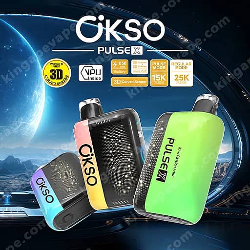Three OKSO PULSE X vape pod devices in blue, yellow, and green with a space-themed backdrop and the OKSO PULSE X branding, featuring badges for a 3D curved screen and NPU inside.