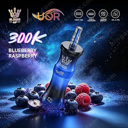 Uor Al Bang 300K Puffs Disposable Vape | Dual Mode Mtl &Amp; Dtl 12 Blueberry Raspberry Flavored Vape Device With A Blue Gradient Body And Silver Mouthpiece, Angled On A Starry Cosmic Background And Surrounded By Blueberries And Raspberries, With The Text 300K Blueberry Raspberry And Branding Logos At The Top.