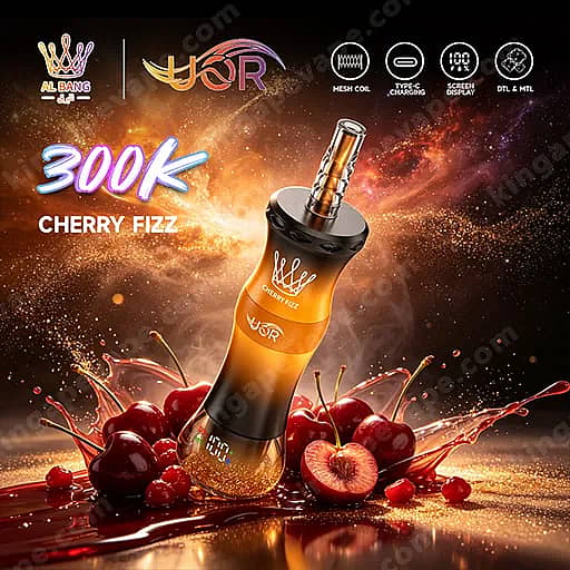 Uor Al Bang 300K Puffs Disposable Vape | Dual Mode Mtl &Amp; Dtl 7 A Cherry-Flavored Vape Device With A Black-To-Orange Gradient Body And A Gold Top, Labeled '300K Cherry Fizz', Angled Among Splashing Cherry Juice And Whole And Halved Cherries Against A Dark, Fiery Background.