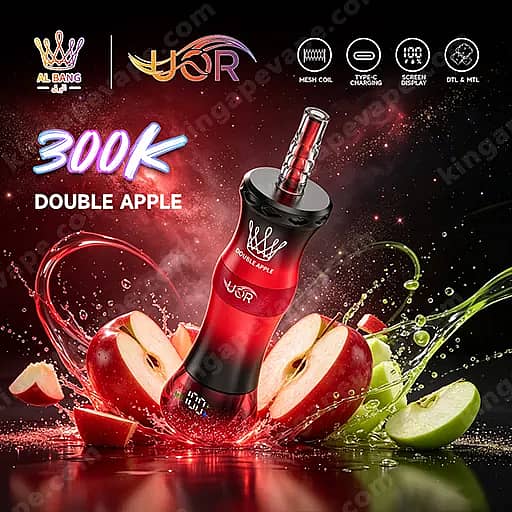 Uor Al Bang 300K Puffs Disposable Vape | Dual Mode Mtl &Amp; Dtl 8 A Black-And-Red Vape Device With A Red Mouthpiece Labeled Double Apple Stands Upright, Surrounded By Splashes Of Red Liquid And Apple Slices Against A Dark, Starry Background.