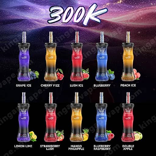 Uor Al Bang 300K Puffs Disposable Vape | Dual Mode Mtl &Amp; Dtl 2 Ten Vape Juice Bottles With Colorful Gradient Labels Arranged In Two Rows Against A Dark, Starry Purple Background, Featuring A Large 300K Graphic At The Top.