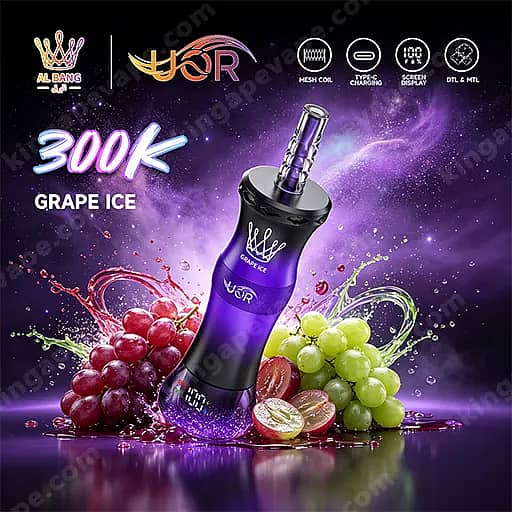 Uor Al Bang 300K Puffs Disposable Vape | Dual Mode Mtl &Amp; Dtl 3 An Advertisement-Style Image Showing A Black-To-Purple Gradient Vape Mod With A Purple Mouthpiece, Angled Amid Splashes Of Grape Juice And Clusters Of Red And Green Grapes, With The Words '300K' And 'Grape Ice' And Brand Logos In The Dark Purple Background.