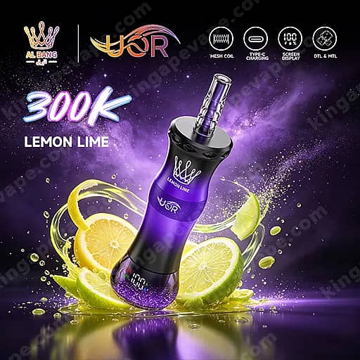 Uor Al Bang 300K Puffs Disposable Vape | Dual Mode Mtl &Amp; Dtl 4 A Purple Vape Bottle With A Black Neck And Purple Mouthpiece, Labeled '300K Lemon Lime', Tilted Against A Neon Purple Background With Splashing Lemon And Lime Slices.