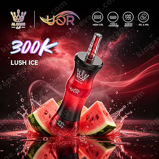 Uor Al Bang 300K Puffs Disposable Vape | Dual Mode Mtl &Amp; Dtl 9 A Red And Black Vape Device Leaning Among Watermelon Slices With Splashing Water On A Red Cosmic Background, Labeled Lush Ice With Prominent 300K Branding.