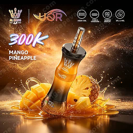 Uor Al Bang 300K Puffs Disposable Vape | Dual Mode Mtl &Amp; Dtl 5 A Sleek Orange-To-Black Vape Mod With A Gold Mouthpiece Sits In A Splash Of Mango Juice Beside Mango Chunks And A Pineapple, Advertising 300K Mango Pineapple With Icons For Mesh Coil, Type-C Charging, Screen Display, And Dtl/Mtl At The Top.
