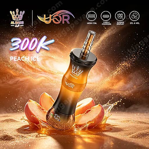 Uor Al Bang 300K Puffs Disposable Vape | Dual Mode Mtl &Amp; Dtl 6 An Upright Black And Orange Vape Device With A Gold Mouthpiece Sits Among Peach Slices And A Splash Of Liquid, Advertising The 300K Peach Ice Flavor.