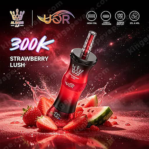 Uor Al Bang 300K Puffs Disposable Vape | Dual Mode Mtl &Amp; Dtl 10 Red And Black Vape Device Labeled 'Strawberry Lush' Angled Against A Pink Splash Background, Surrounded By Strawberries And Watermelon Slices, With '300K' Branding And Small Icons At The Top Indicating Features Like Mesh Coil, Usb-C Charging, Screen Display, And Dtl/Mtl.