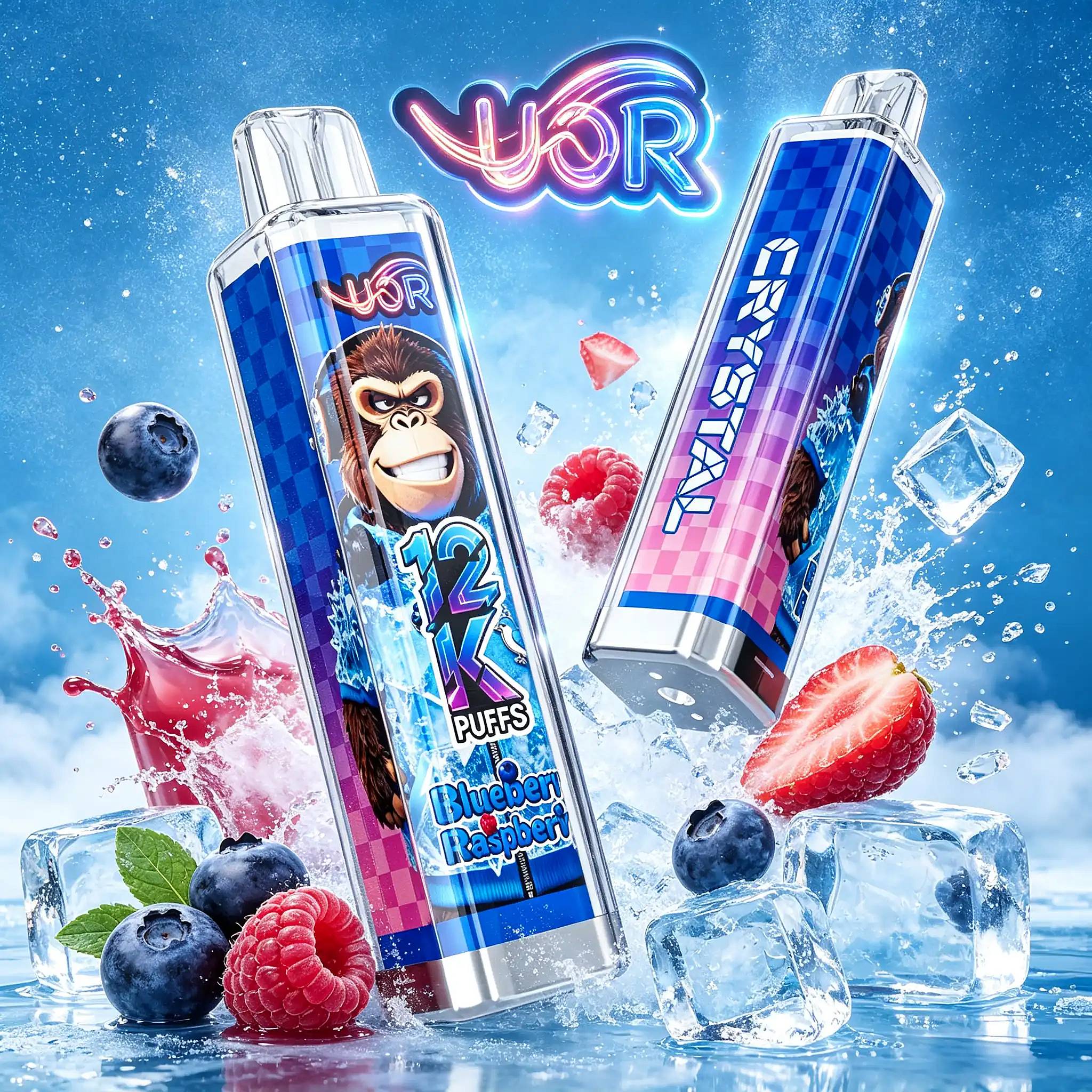 Uor Crystal 12000 Puffs Disposable Vape | Crystal 12K Vape 12 Two Tall, Clear Vape Juice Bottles With Blue Checkered Gradients Tilt Against An Icy Blue Background, One Label Showing A Cartoon Monkey, Surrounded By Ice, Raspberries And Blueberries, With A Pink-Blue Neon Sign In The Background.