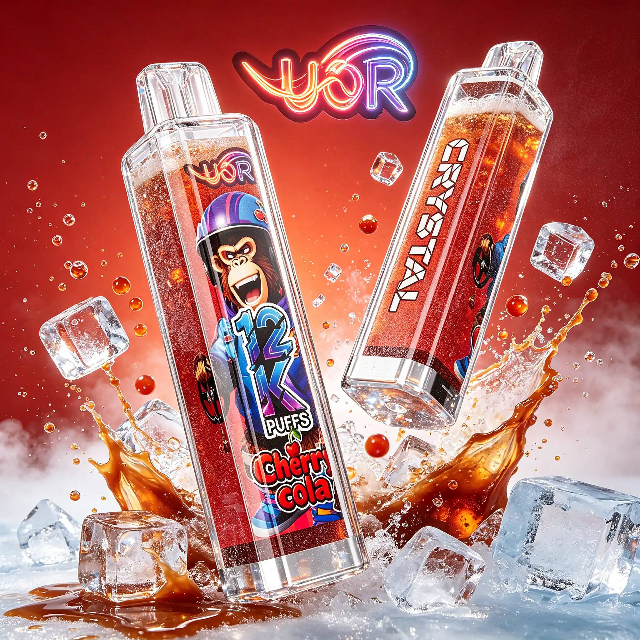 Uor Crystal 12000 Puffs Disposable Vape | Crystal 12K Vape 11 Two Tall Transparent Energy Drink Bottles Tilted Toward The Center, Filled With Orange Fizz And Ice, Set Against A Bright Red Background With Splashes And Ice Crystals Around. The Left Bottle Features A Gorilla Cartoon On Its Label, While The Right Bottle Has Bold Graphics; A Colorful Neon Sign Hovers Above Them.