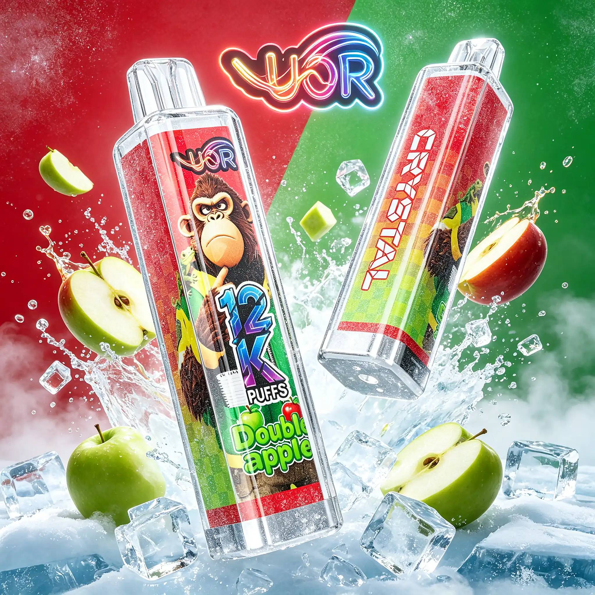 Uor Crystal 12000 Puffs Disposable Vape | Crystal 12K Vape 10 Slanted Juice Pouches With A Cartoon Monkey On The Label And A Bright Neon Yur Logo, Set Against A Red-Green Gradient With Apple Slices, Ice Cubes, And Splashing Water To Emphasize A Double Apple Flavor.