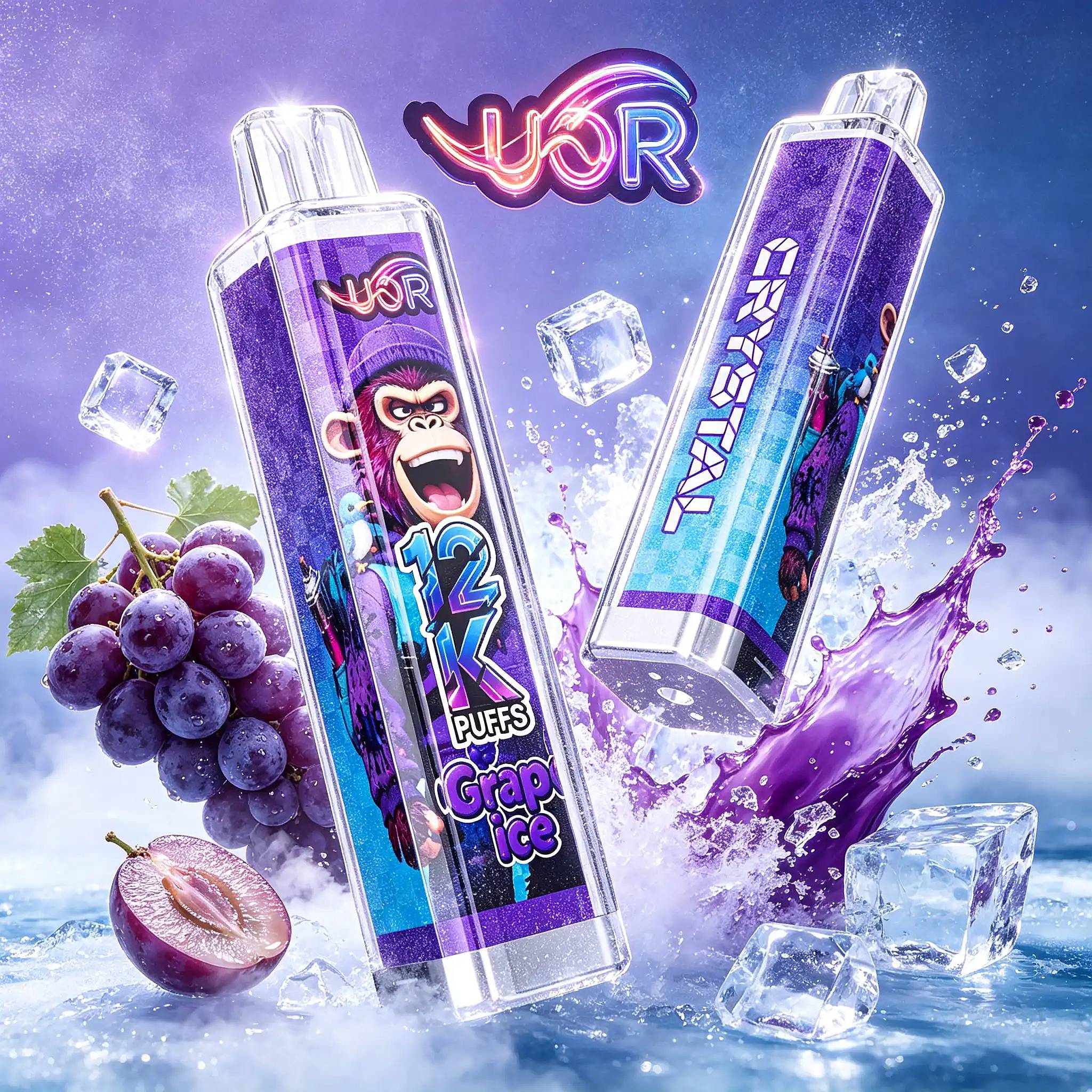 Uor Crystal 12000 Puffs Disposable Vape | Crystal 12K Vape 9 Three Purple Grape-Flavored Ice Pops In Clear Wrappers Tilt Upward, One Showing A Cartoon Monkey On The Label, Surrounded By Ice Cubes And A Bunch Of Grapes Against A Blue-Purple Icy Background.