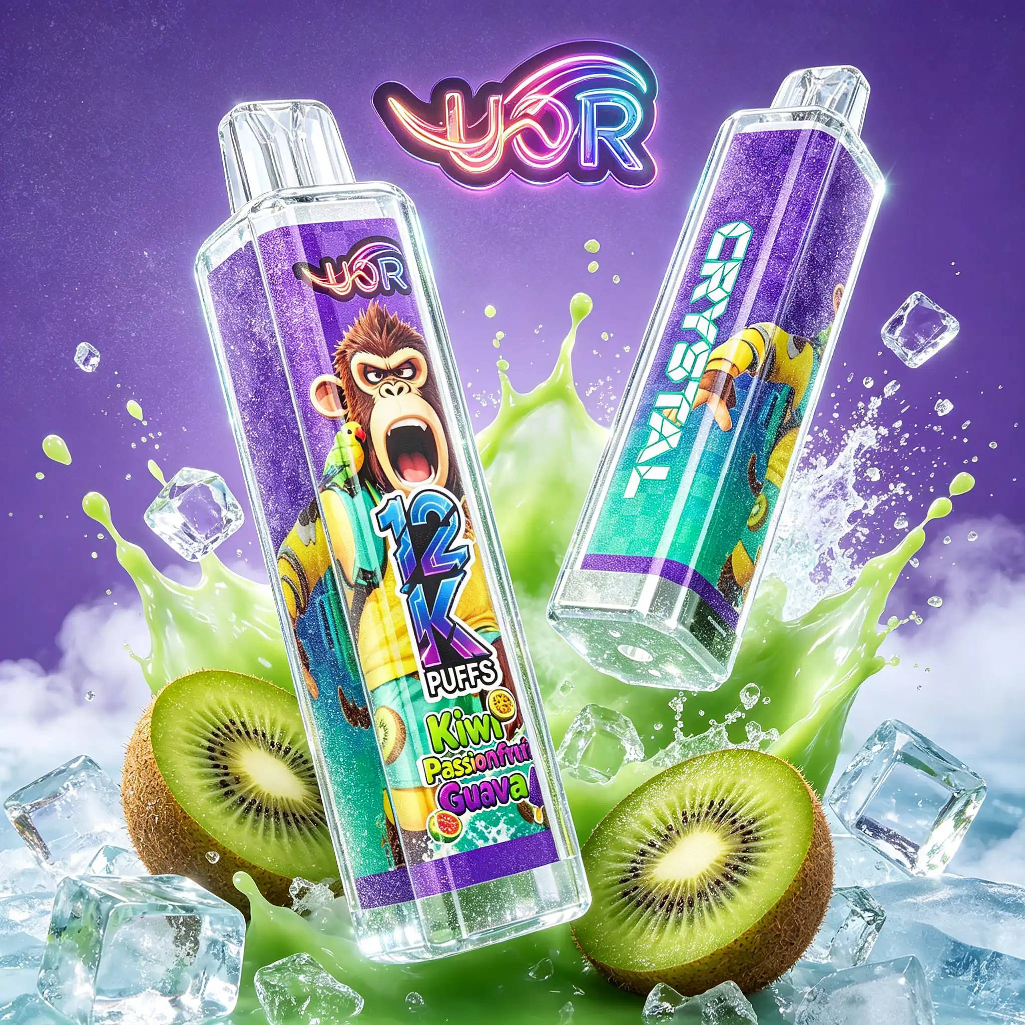 Uor Crystal 12000 Puffs Disposable Vape | Crystal 12K Vape 8 Three Tilted Glass Bottles With Purple Glittery Labels, Including A Left Bottle Featuring A Cartoon Monkey And Flavors Like Kiwi, Guava, And Passion Fruit, Sit Amid Lime-Green Splashes And Ice Cubes Against A Purple Background, With A Neon Logo Floating Above.