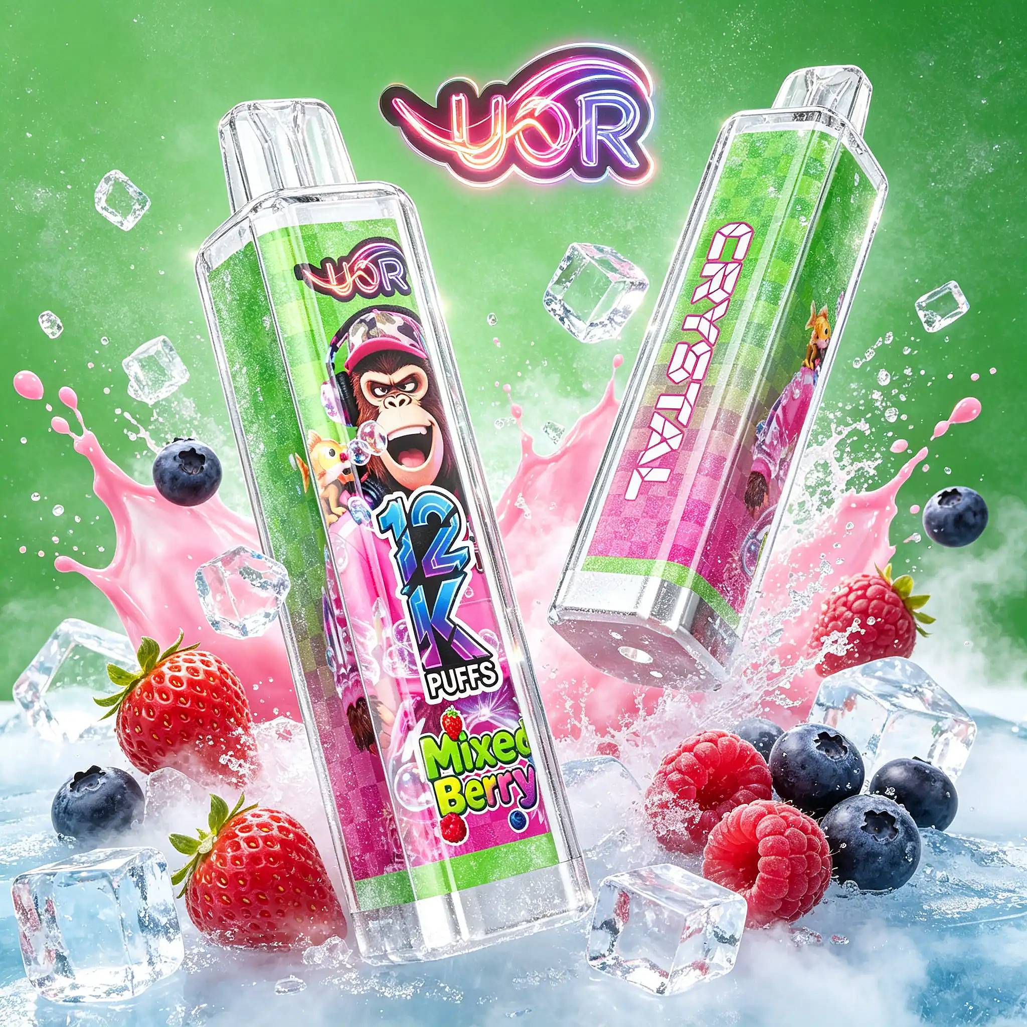 Uor Crystal 12000 Puffs Disposable Vape | Crystal 12K Vape 7 Three Tall Clear Bottles Of Bright Green Fruit Drink With Colorful Cartoon Labels, A Neon Pink And Purple 'Ur' Sign Above, Surrounded By Ice Cubes, Pink Splashes, And Fresh Berries Against A Green Background.
