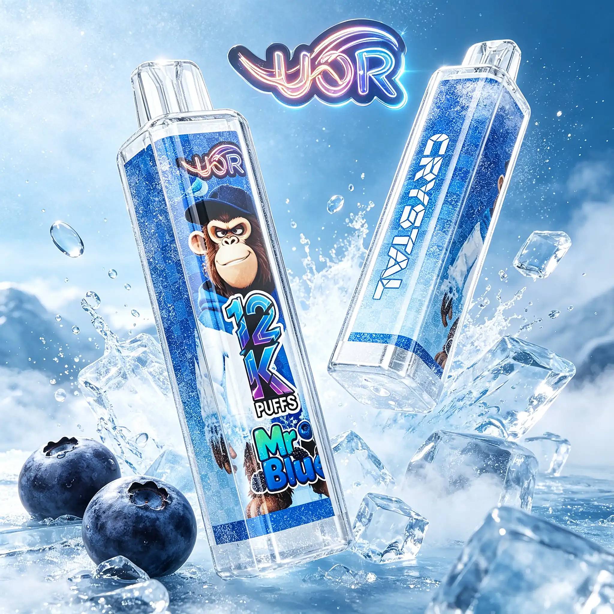Uor Crystal 12000 Puffs Disposable Vape | Crystal 12K Vape 6 Two Tall Transparent Bottles Of Blue Liquid Tilt Upward Amid Ice And Scattered Blueberries In A Frosty Blue Background, Each Bottle Featuring A Cartoon Monkey On The Label, With A Neon Multicolored Logo Floating Between Them.