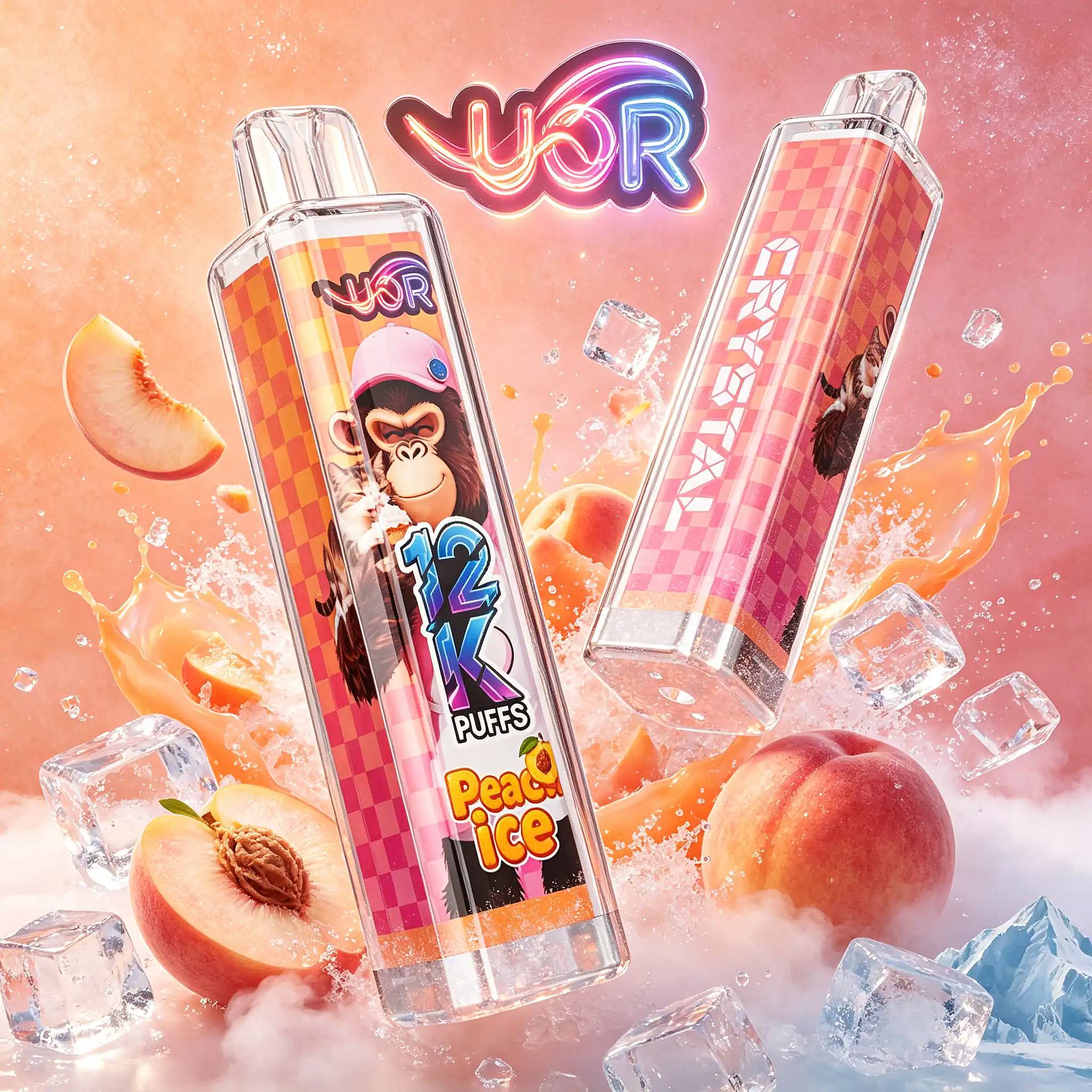 Uor Crystal 12000 Puffs Disposable Vape | Crystal 12K Vape 5 Three Tall, Clear Vape Juice Bottles With Orange Checkered Labels Float Among Ice Cubes And Peach Slices Against A Pink-Orange Background, With A Multicolored Neon 'Your' Sign Above.