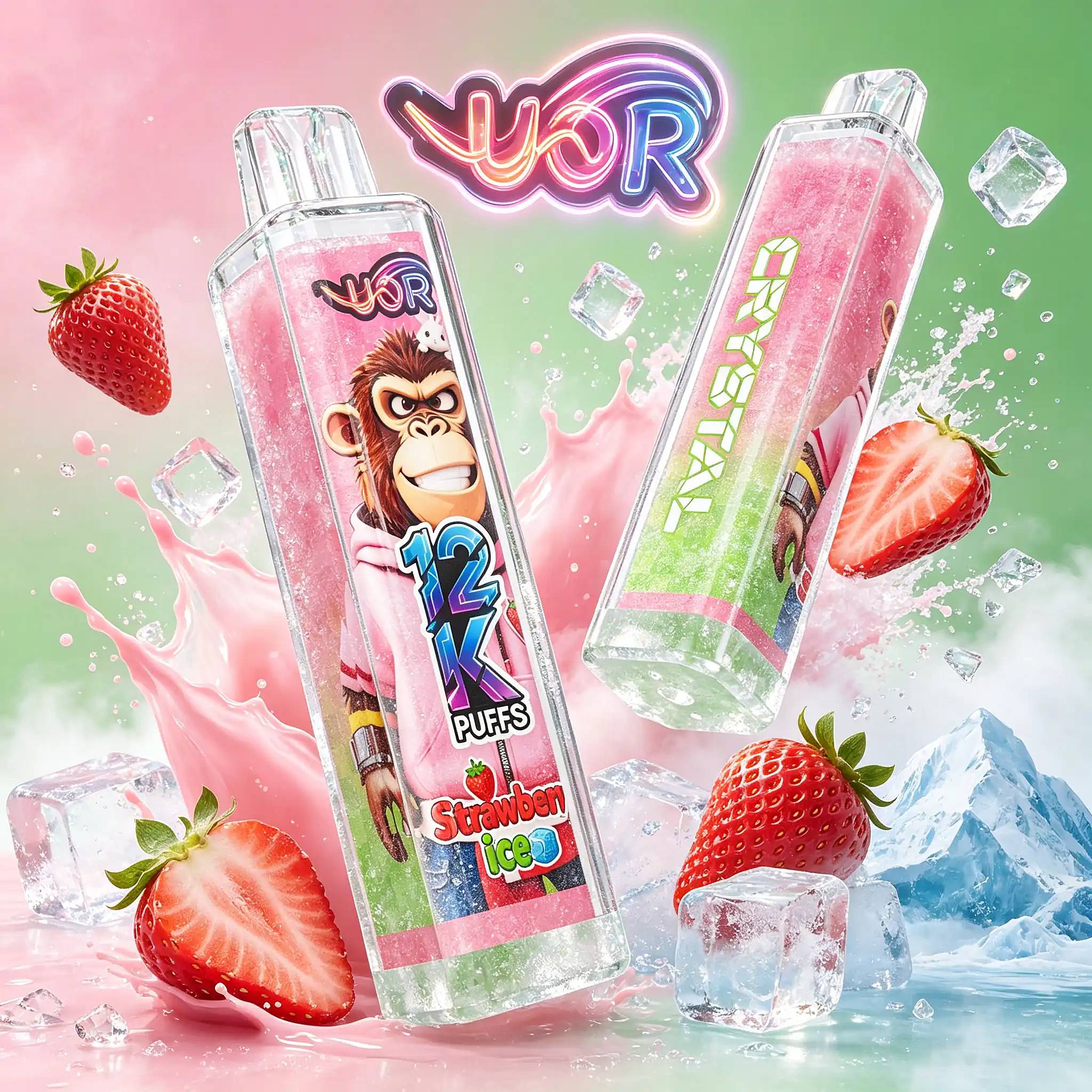 Uor Crystal 12000 Puffs Disposable Vape | Crystal 12K Vape 4 Colorful Display Of Fruit-Flavored Squeeze Pouches With A Cartoon Monkey On The Label, Surrounded By Ice Cubes And Fresh Strawberries Against A Pink-To-Green Gradient Background.