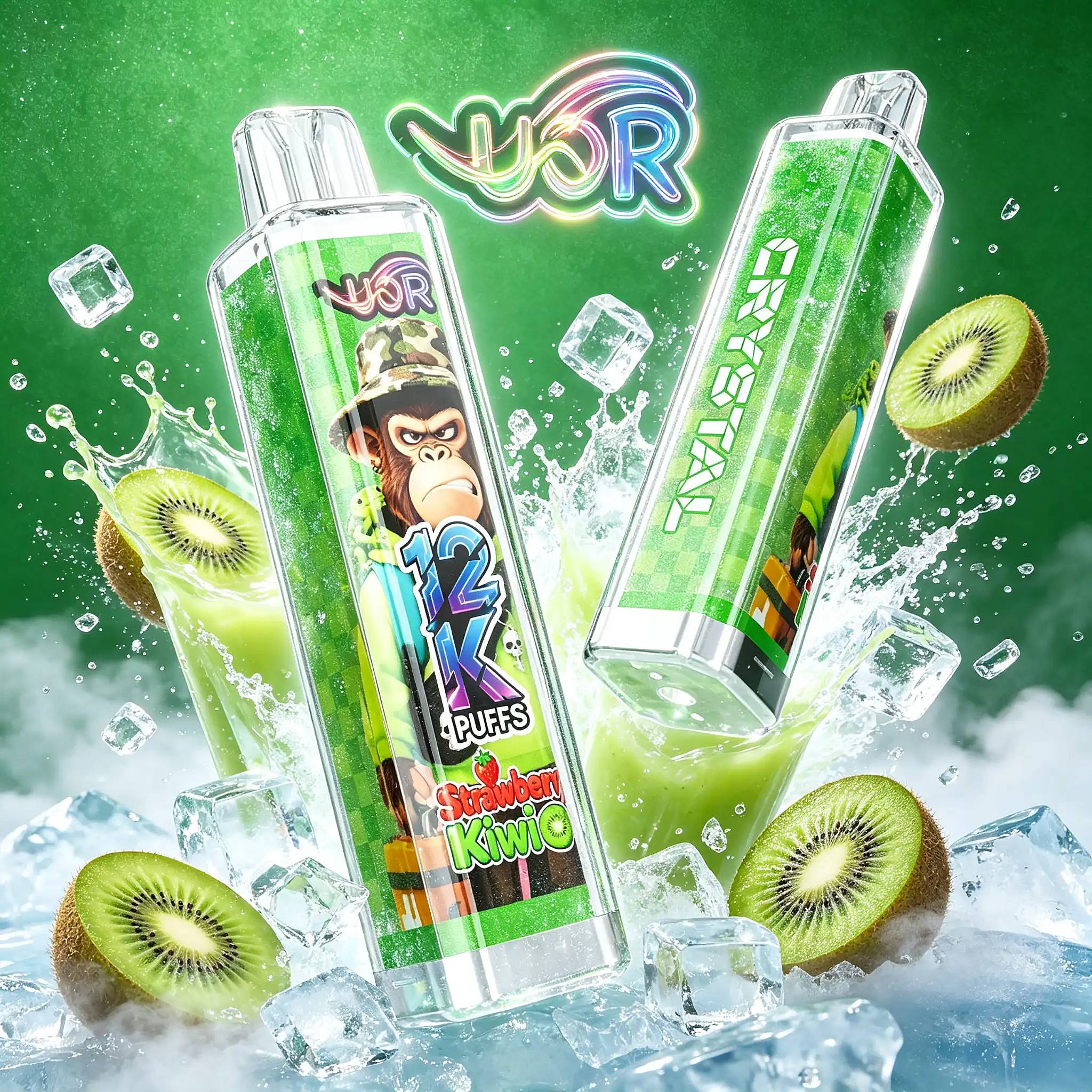 Uor Crystal 12000 Puffs Disposable Vape | Crystal 12K Vape 3 Three Transparent Green Juice Bottles With Ice, Kiwi Slices Around Them, And A Colorful Neon Sign Reading 'Your' Against A Bright Green Background.