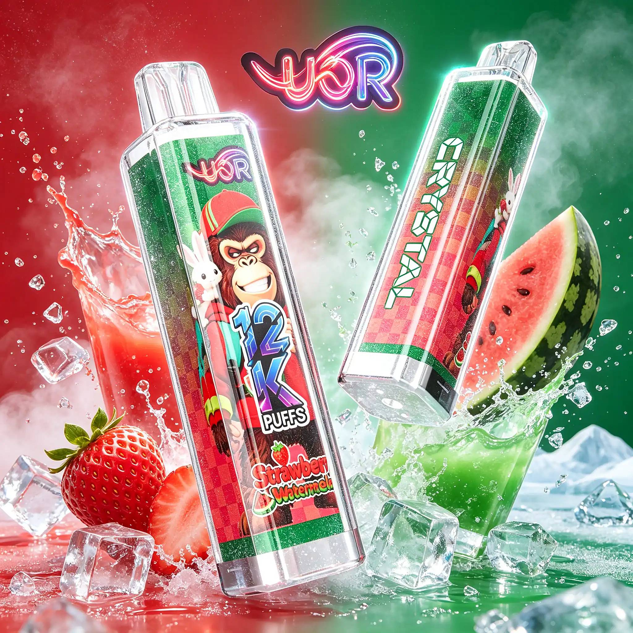 Uor Crystal 12000 Puffs Disposable Vape | Crystal 12K Vape 2 Three Transparent Vape Juice Bottles With Colorful Fruit-Themed Labels, Including Strawberry Watermelon, Tilted Against A Red-To-Green Gradient Background With Splashing Water, Ice Cubes, And A Watermelon Slice.
